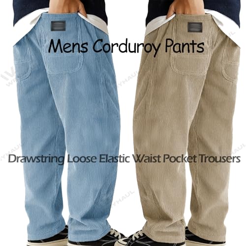 Pacificozy Mens Pants, Pacificozy Men's Fashion Vintage Sports Corduroy Fabric Logo Embroidered Trousers Elastic Waist4