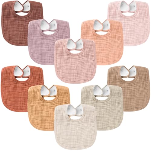 Image of Konssy 10-Pack Muslin Baby Bibs, Soft Cotton Bandana Bibs for Drooling & Teething, Unisex Solid Colors for Boys & Girls, Newborn & Infant