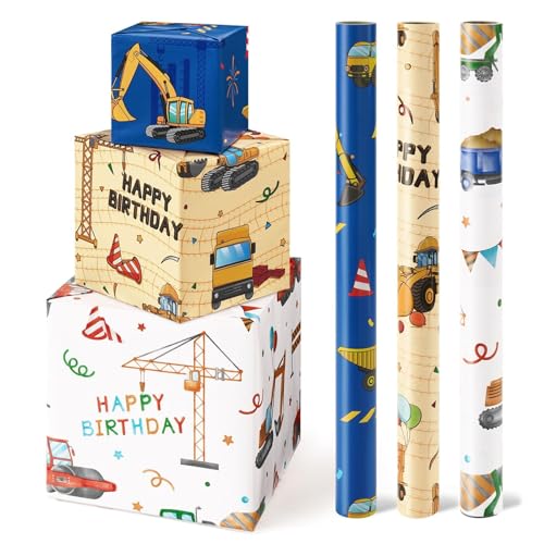 WERNNSAI 3 Rollen Bagger Geschenkpapier 3m x 43cm Baustelle...