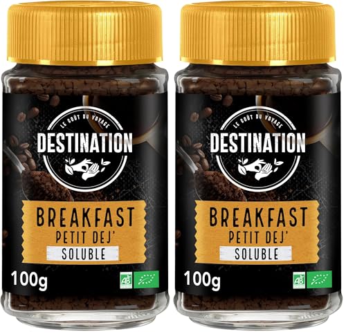 Destination - Café Soluble Desayuno BIO - Café Soluble Granulado y Liofilizado de Tueste Natural - Procedente de Cultivo Ecológico - Sabor Potente y Generoso - Propiedades Energizantes - 100 g
