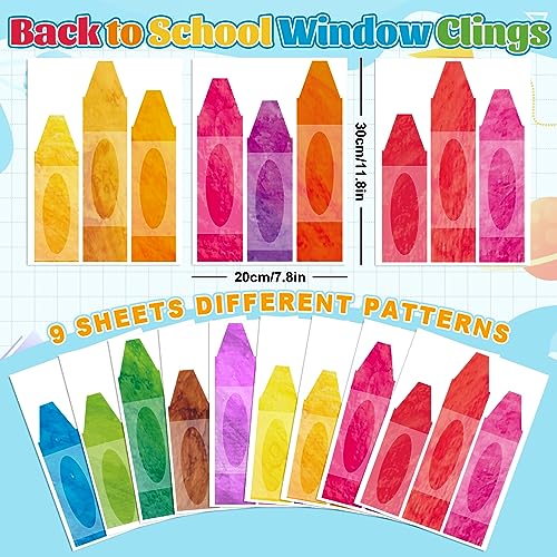 Image of Whaline 9 Sheets Back to School Window Clings, Colorful Crayons | Window Decals, Watercolor Double-Sided Windows Stickers, for Classroom Home Glass Blackboard Decor