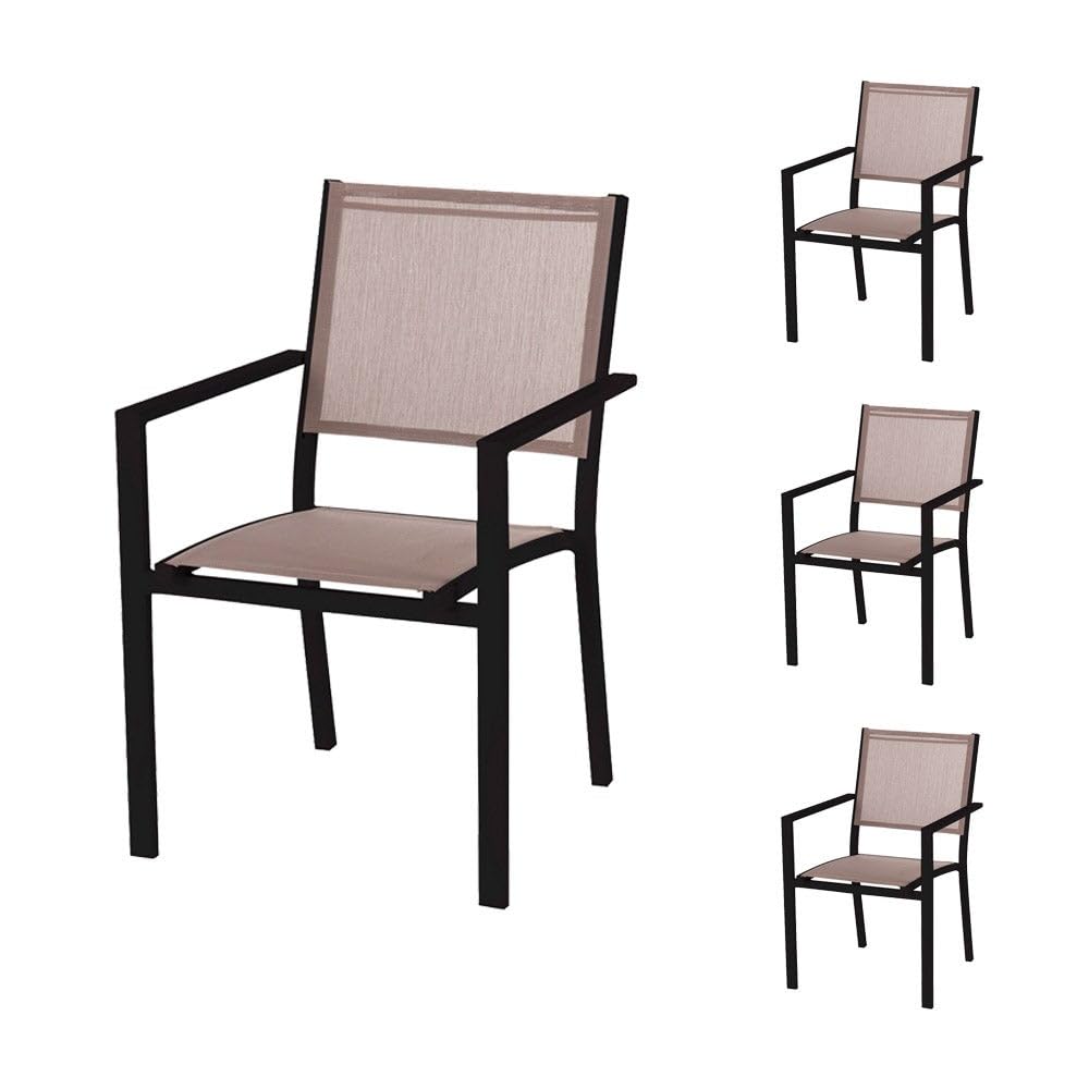 LOLAhome Set de 4 sillas de jardín Thais apilables con Brazos de Aluminio Negro Grafito y textileno Topo de 55x60x86 cm