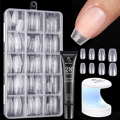 BTArtbox Ballerina Nagel Tips Set and Glue Gel Kit Nail Extension Set, 300 Stück Soft Tips Kurz Nageltips Set mit Mini UV Nagellampe und 15g Quick Nail Glue