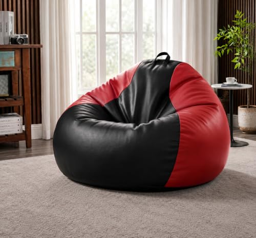 Image of Sattva Classic 3XL Bean Bag Chair with Beans Filled | Faux Leather Sofa Style Beanbags with Filled Beans | Pre-Filled Beans Bag with Beans for Adults | Large Bin Bags Sofa - Black & Red