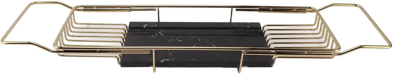 Luxury Expandable Bathtub Tray Caddy - Stylish Metal Marble Rack for Spa Experience Elegant Gold & Black Design Perfect for Relaxation & Home Spa in Any Bathroom-Gold Black