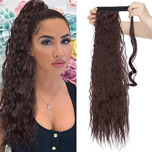 26 Inch One Piece Curly Wrap Around Ponytail Hair Extension Synthetic Magic Yaki Ponytail Corn Wave Ponytail Ombre - Natural Black & Dark Auburn