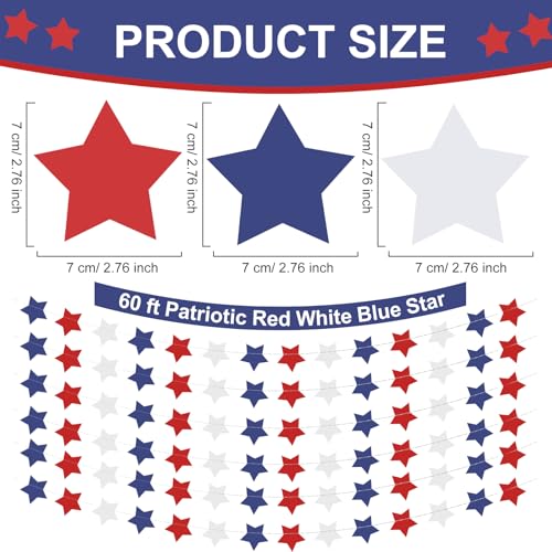 Image of 6 Pack Total 60 ft Patriotic Red White Blue Star Garland, Hanging Paper Stars Streamer Banner, USA American Flag Decoration for 4th of July, Memorial Day, Veterans Day, Independence Day Party Supplies
