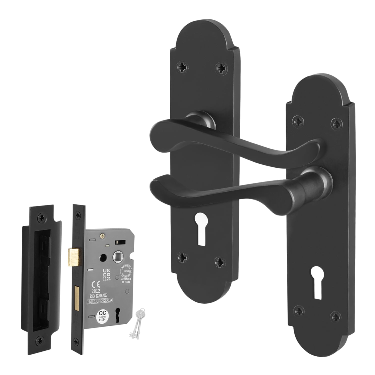 EAI Black Door Handles Lock Set, 1 Pair of Internal Matt Black Victorian Scroll Shaped Backplate Handles and Lock 64mm