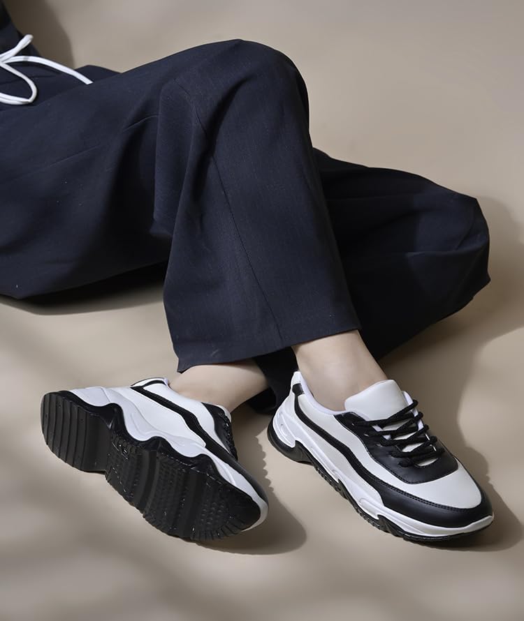 Image of JM LOOKS Women Lace-Up Sneakers Casual Shoes Monochrome Chunky Sneakers for Women & Girls