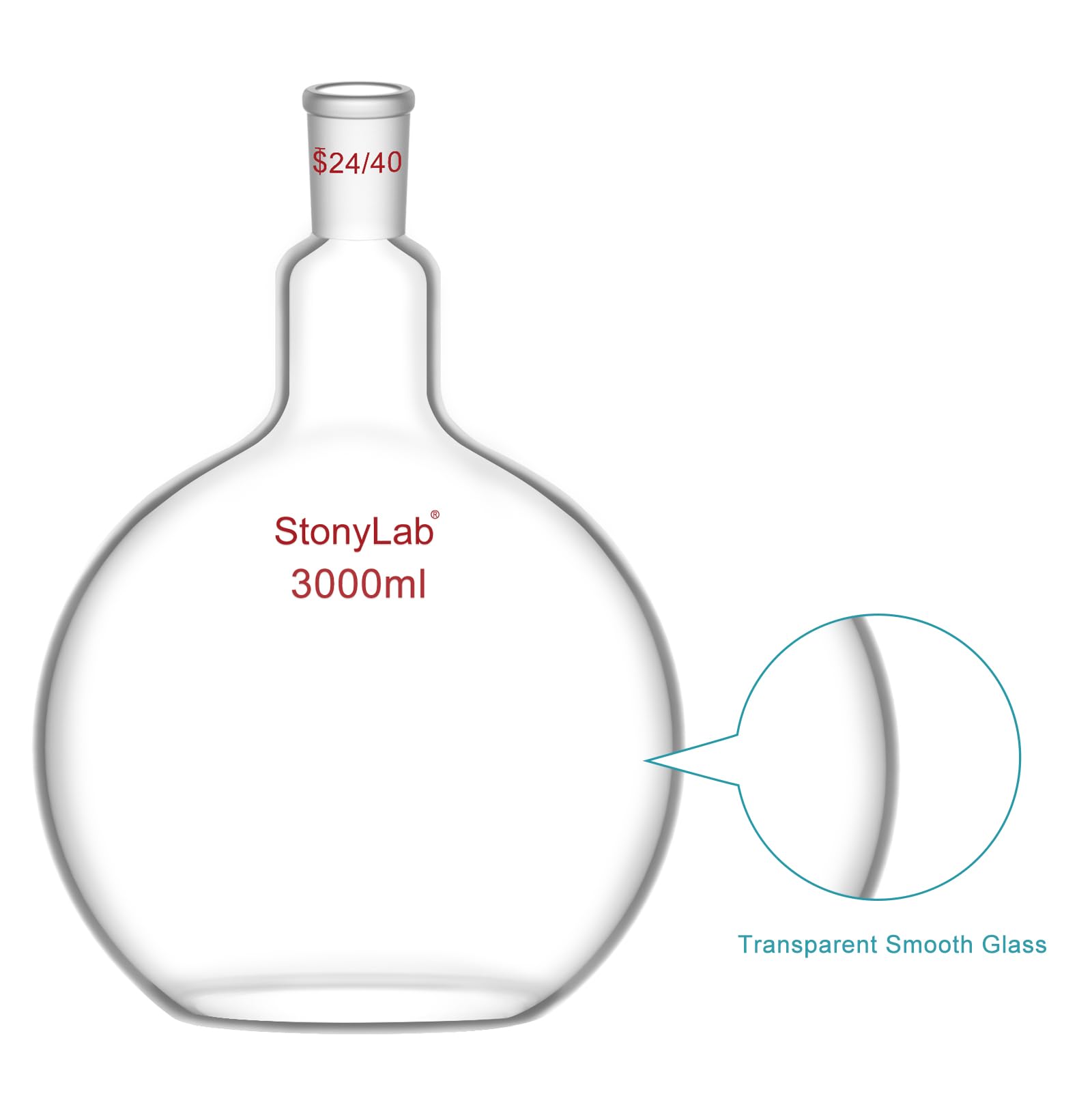 stonylab de Vidrio de Borosilicato de 3000ml Frasco de Ebullición Inferior Plano de Cristal, con Junta Exterior Cónica Estándar 24/40-3000ml