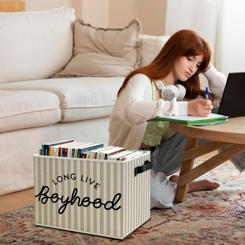 Image of Black Long Live Boyhood Boys Storage Bins Box with Handles, Beige Stripe Collapsible Basket Organizer for Kids Teen Boy Nursery Room Bedroom Bathroom Playroom Books Clothes