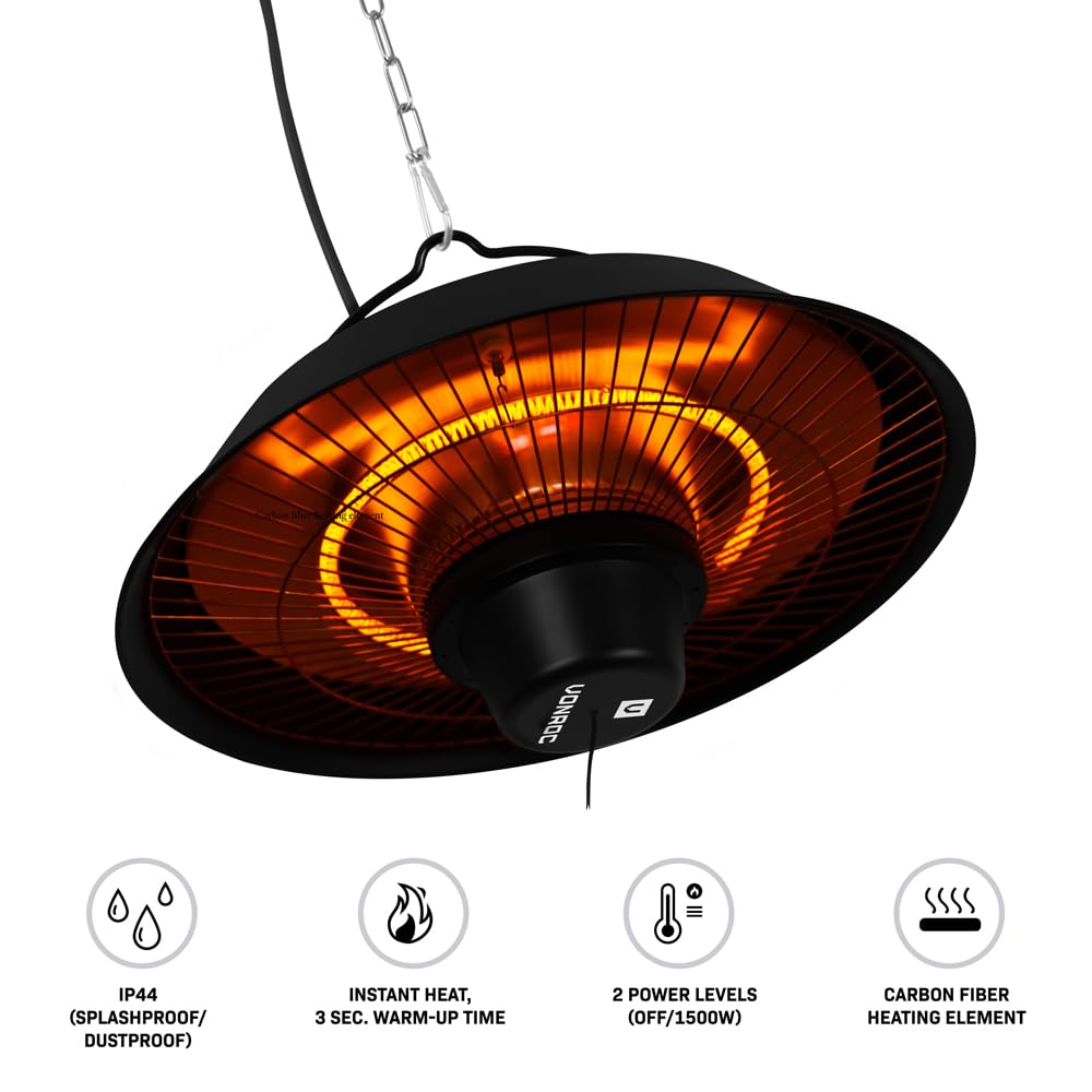 VONROC Chauffage infrarouge suspendu pour terrasse - Chauffage de plafond électrique avec télécommande - Minuterie - 2 niveaux de chauffage - Noir - 1500 W, 240 V