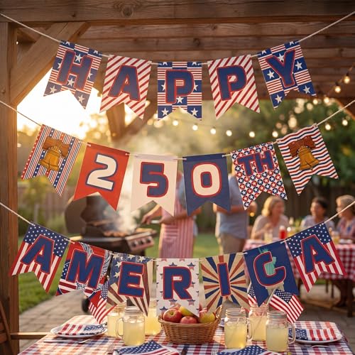 Image of 250th Anniversary Decorations - 250 Year USA Anniversary Banner | America 250th Merchandise Outdoor Indoor Outside - 4th of July Garland Accessories for Party Favors Supplies Window Wall Door