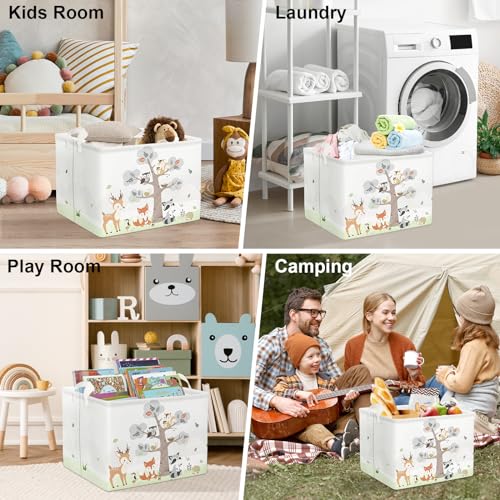 Image of Clastyle 36L Large Woodland Animal Tree House Baby Basket Rectangle Deer Fox Squirrel Shelf Basket with Handle Collapsible Book Toy Clothes Towel Nursery Storage Basket | Waterproof Large Dirty Clothes Book Gift Toy Organizer Bin, Nursery Playroom Bedroom Bathroom Shelf, Deer Fox Squirrel