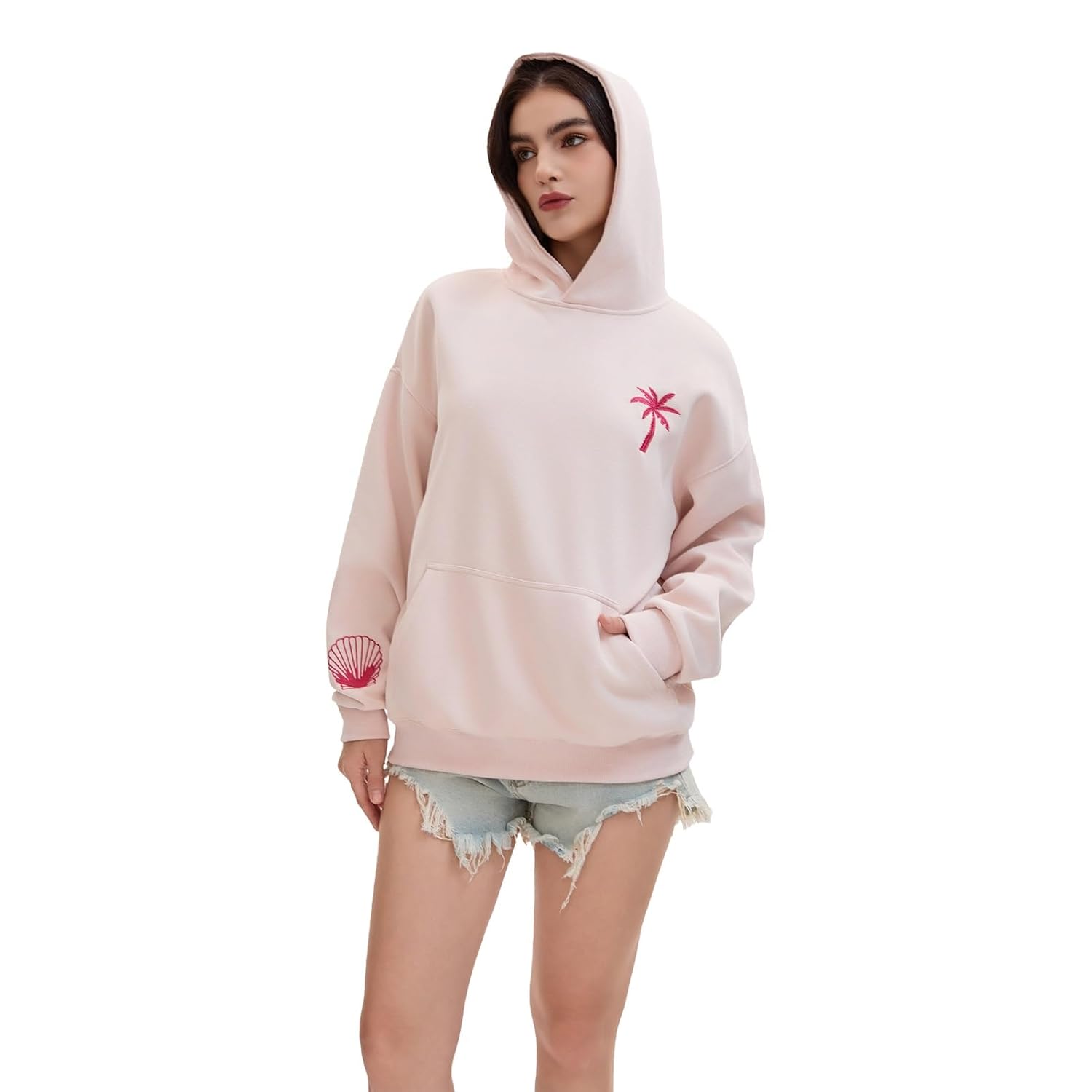 Pink Palm Puff Hoodie Teen Girls Cute Hoodie Hibiscus Flower Embroidery Pattern Pullover