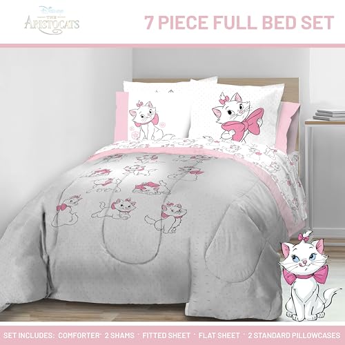 Image of Disney Aristocats Marie Full Comforter Set 7 Piece Kids Bedding, White | Bed in a Bag, Comforter Sheets Shams Pillowcases, Official Brand, Soft Microfiber, Machine Washable, Girls Gift