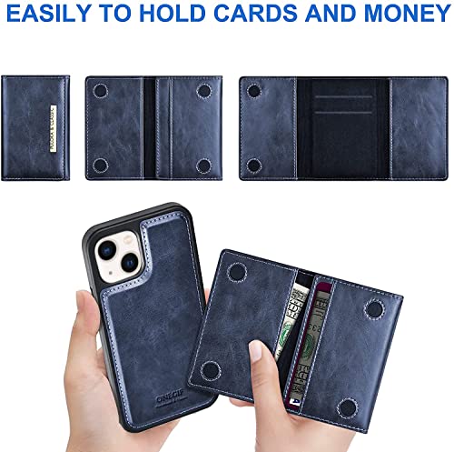 Image of PULOKA Wallet Back Case - Compatible with iPhone 13 - Vegan Leather Phone Cover - Detachable Card Holder Case with Kickstand - Shockproof, Anti Scratch & Raised Edges for Protection - Blue