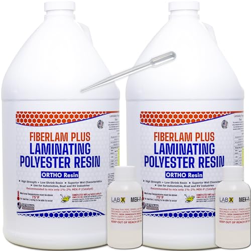 FIBERLAM Plus 1-10G Polyester Resin 1-10 Gallon +MEKP Hardener; Low Viscosity Coating for Laminating Fiberglass mat/Biaxle/Cloth; Boat/RV/Automotive/Canoe/Surfboard| Extended TACK Time (2 Gallon)