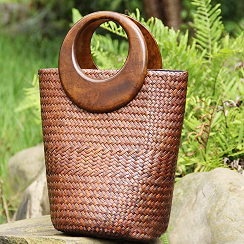 Bolso de playa de rattan tejido con asa de madera miniatura 5