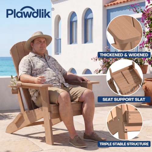 Image of Plawdlik Folding Adirondack Chair with Cup Holder, Teak | SGS Tested, Wooden Textured & Heavy All-Weather HDPE Comfortable Set Poolside Backyard Lawn