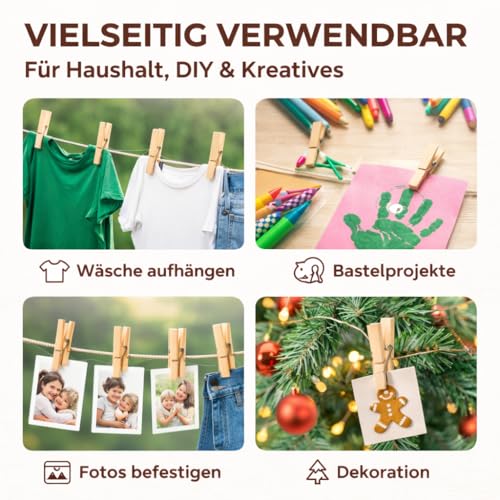 50x Wäscheklammern aus echtem Holz - Klammern groß - Holzklammern - Holzwäscheklammern & Wäscheaufhängen & Basteln & Bastelklammern