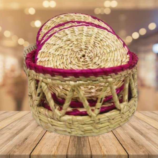 Image of Saras Aajeevika 6 Pc Set of Handmade Wooden Round Curved Coaster /Coster with Brass Kettle Shape Holder for Kitchen Decor Hot Pots, Tea Cups, Coffee Mugs, Glasses Coaster Sets (Design 7)
