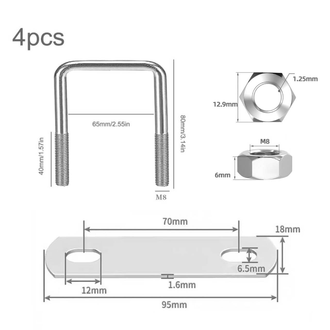 4 pernos en U de 65 mm x 80 mm, acero inoxidable M8, tornillos en U con rosca con 4 contraplacas y 8 tuercas, abrazadera de planchado, pernos para remolcar coches, barcos, reparación de tuberías