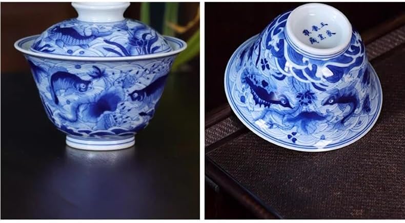 Tea Cup Hand-Painted Blue and White Porcelain Fish and Algae Pattern Covered Bowl Set Antique Ceramic Personal Kung Fu Soaking Container