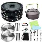 Bisgear Camping Cookware Kettle Pot Pan Mess Kit Stainless Steel Cup Plates Utensil Backpacking Gear Bug Out Bag Cooking Equipment Picnic Cookset Carabiner & Fire Starter for 2 Person