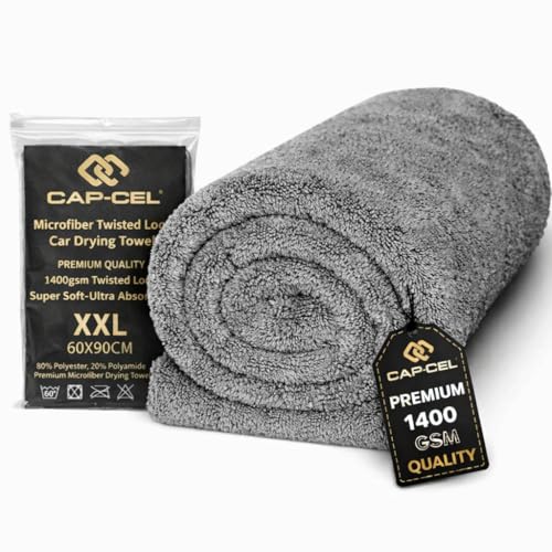 CAP-CEL Professional Car Drying Towel XXL 90 x 60 cm Premium 1400GSM Twisted Loop Microfibre Grey.Microfibre Towel for fast streak-free drying and detailing.Scratch free double sided