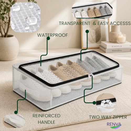 Image of RENVA 4 Pcs Foldable Transparent Shoe Storage Box with Handle & Zipper | Stackable Design, Organiser for Home, Clear Visibility, Space-Saving, Shoe Rack