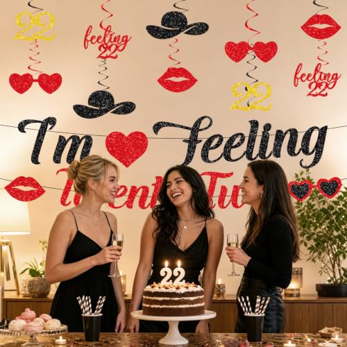 Image of 22nd Birthday Party Decorations for Girls Women, I'm Feeling Twenty Two Glitter Banner with Hanging Swirls Decorations, Singer Themed Girls 22 Years Old Birthday Decor Supplies
