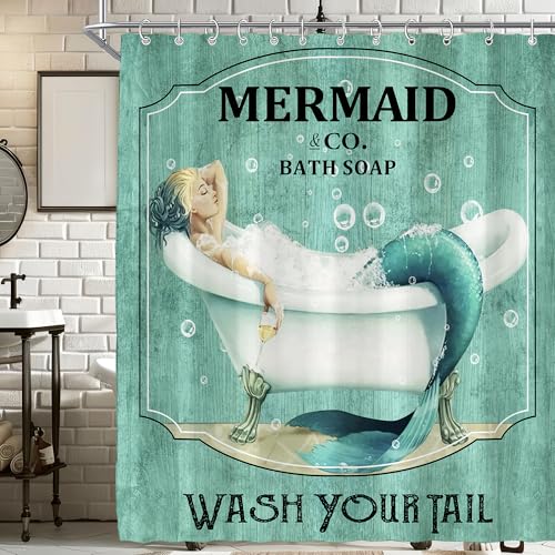 Visioun Teal Vintage Mermaid Shower Curtain for Bathroom 72W*72H Inch Little Teal Green Mermaid Wash Your Tail Bathtub Decor Funny Ocean Bathtub Bubbles Wood Aesthetic Waterproof Polyester Fabric