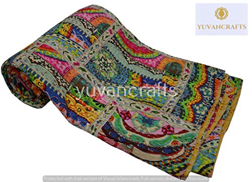 Yuvancrafts Patchwork Algodão Kantha Quilt – Cobertor de colcha vintage tradicional indiano feito à