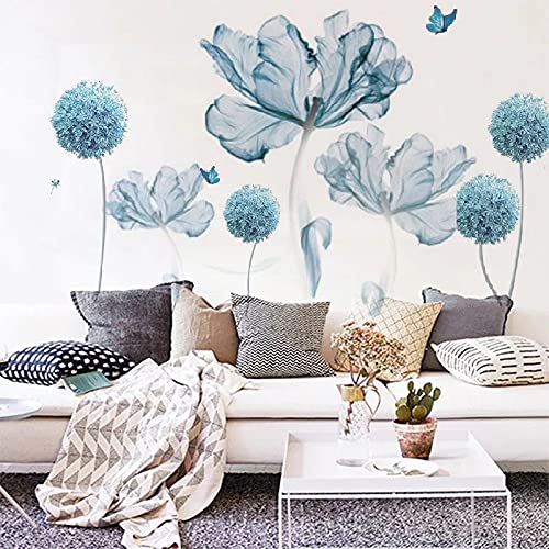 Blue Flowers Wall Decals Large Wall Art Decal Home Wall Flower Vinyl Removable Mural For Living Room Bedroom School Home Office ( Set Of 2 Variants) #TOP1