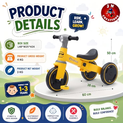 Image of 3-in-1 Toddler Tricycle | Slide, Pedal & Balance Bike for Kids | Adjustable Seat, Silent Wheels & Sturdy Frame | Ideal for 10 Months to 3 Years (Yellow)