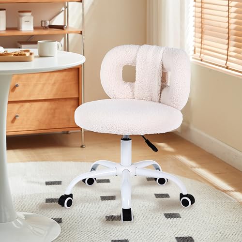 Image of Modern Faux Cashmere Home Office Chair, Height Adjustable Desk Chair with Back and Wheels for Living Room, Swivel Make-up Vanity Armless Chairs for Girls and Women (1, Cream)
