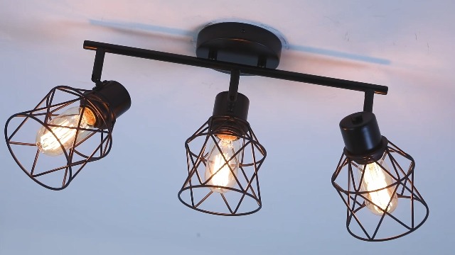 Image of 3 Lights Adjustable Multi-Directional Black Light Fixtures, Semi Flush Mount Ceiling Light, Kitchen Light Fixtures, Track Lighting Fixtures Metal Cage Industrial Spotlight Fixtures for Dining Room
