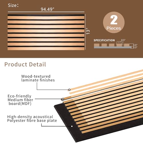 KVENI Acoustic Wood Slat Wall Panels - Modern Wood Panels for Wall, 3D Fluted Sound Absorbing Panel with Wood Finish, Noise Cancelling & Absorbing Wooden Panels, 94.49” x 13” Each (White Oak, 2Pcs)