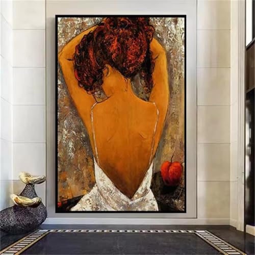 Peinture à l'huile abstraite marron rétro peinte à la main femme art mural pour décoration