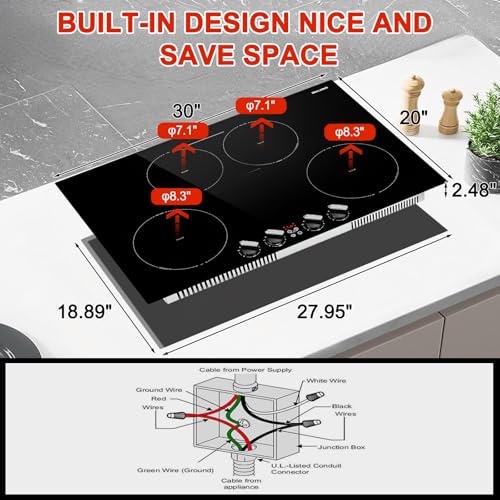 Image of 30 Inch Induction Cooktop 7800W, Weceleh 10 Levels Electric Cooktop with 4 BOOST Burners, Bulid-in Induction Stove Top, Bridge-Sync, Safety Lock, Timer, Knob Control, No Plug, 220-240V