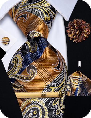 Image of YourTies Silk Paisley Floral Tie and Pocket Square Cufflinks with Lapel Pin Sets for Men 5PC Wedding Party