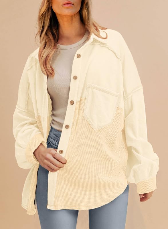 SHEWIN Womens Waffle Knit Shackets Fall Fashion Button Down Shirt Jacket Loose Long Sleeve Tops With Pocket - Image 3