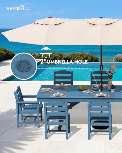 Image of SERWALL 9 Piece 84 inch HDPE Outdoor Dining Set with 6 Armless Chairs, 2 Armchairs and Umbrella Hole for 8, Blue