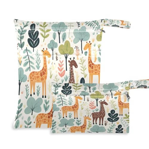 Image of Bulletgxll Giraffes with Flowers Wet Dry Bags for Baby Cloth Diaper Waterproof Reusable Wet Bag Washable Travel Bags for Swimsuits Wet Clothes, 2 Pcs