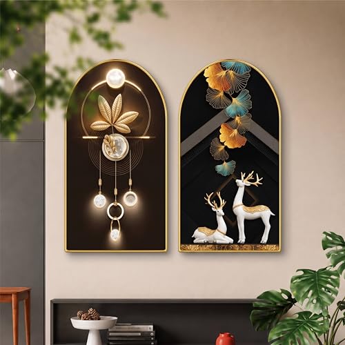 Image of Livin'luxe Set of 2 Abstract Wall Painting for Living Room, Deer & Golden Leaf Modern Artwork, PVC Golden Frame, Arch Shape Wall Decor for Bedroom, Hall, Office & Gift (30 x 32 Inch) RPNL-02-110