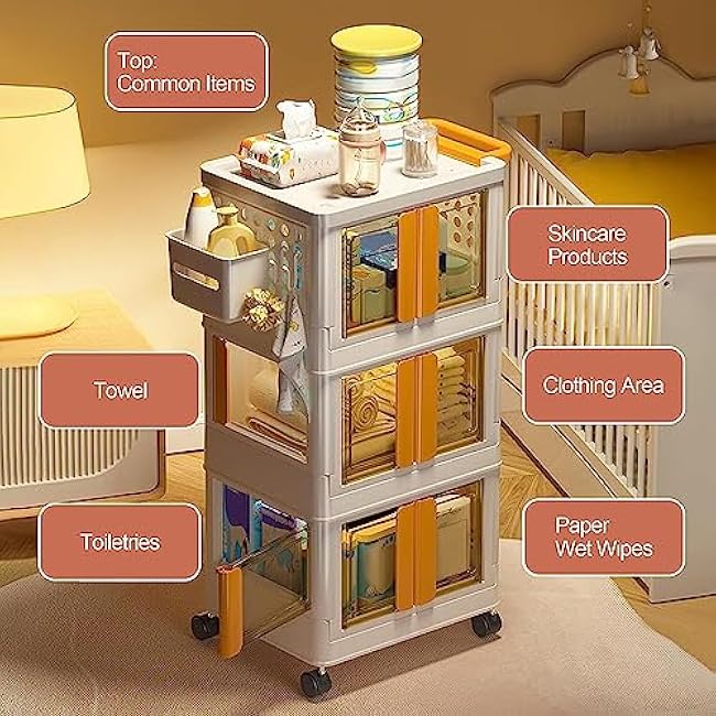 Slim Storage Cart, 4 Tier Stackable Storage Bins Organizer with Lids, 27.5Qt Dual Open Collapsible Closet Organizers, Plastic Foldable Storage Box for Home and Office(White+orange,2 PC)-uSzZkcUG