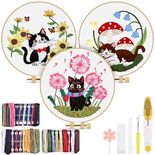 Image of TINDTOP Embroidery Kit for Adults, Cat Embroidery Practice Kit | for Beginners Include Embroidery Cloth Hoops Threads for Craft Lover Hand Stitch with Embroidery Skill Techniques