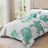 Yiran Grey Aqua Floral King Comforter Set Bed in a Bag Soft Microfiber Comforter Bedding Set 104'×90',7 Pieces (1 Comforter,2 Pillowcases,2 Pillow Shams,1 Flat Sheet,1 Fitted Sheet)