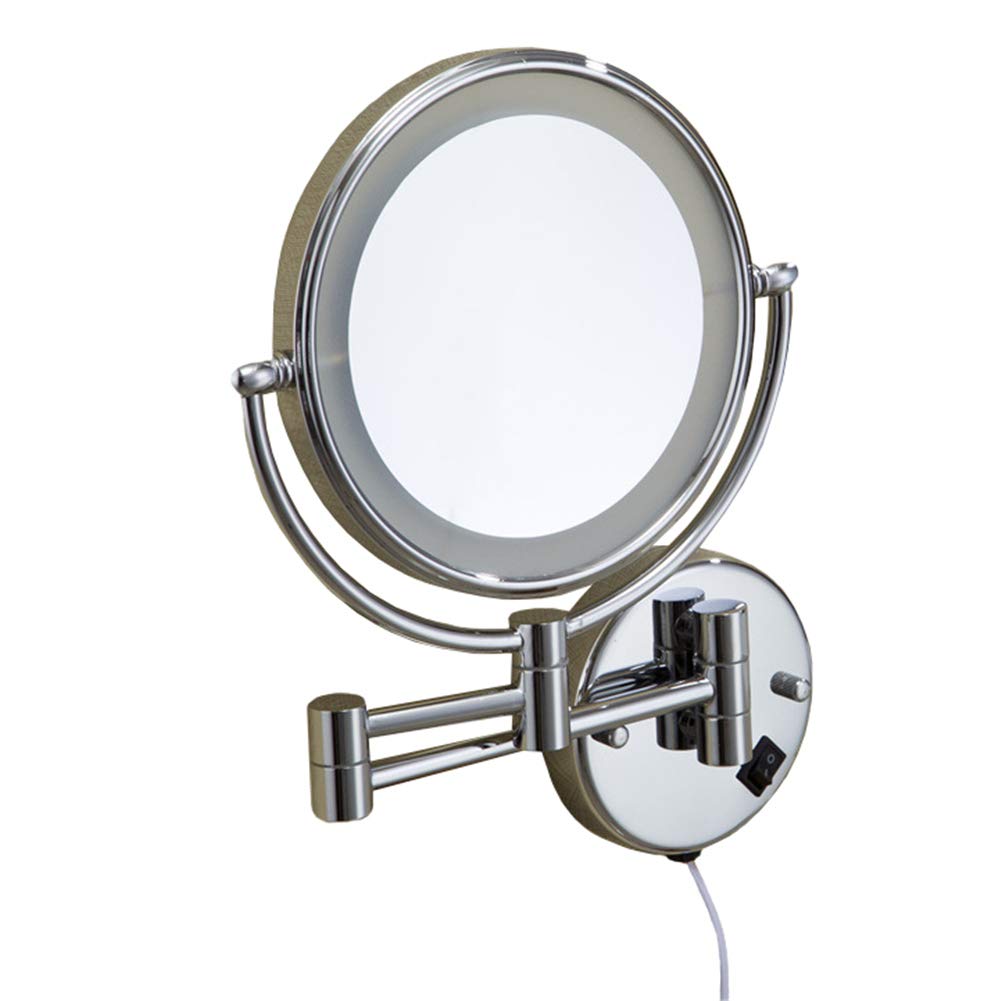 Espejo de maquillaje Montaje en pared, LED iluminado Normal + Aumento 3X Espejo de baño de Doble Cara Giratorio de 360 ° Espejo de belleza plegable de Forma Redonda extensible,Silver_8inch (